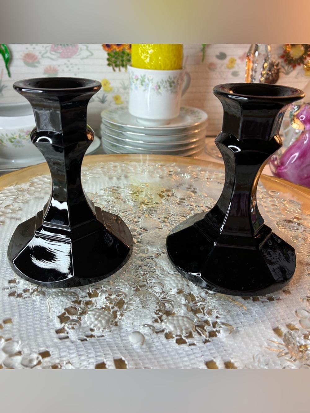 Black Amethyst Glass Candlestick Pair - Elegant Home Accents
